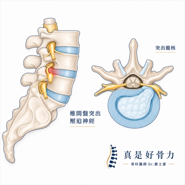 椎間盤突出壓迫神經根示意圖,說明腰痛腳麻與坐骨神經痛可能原因